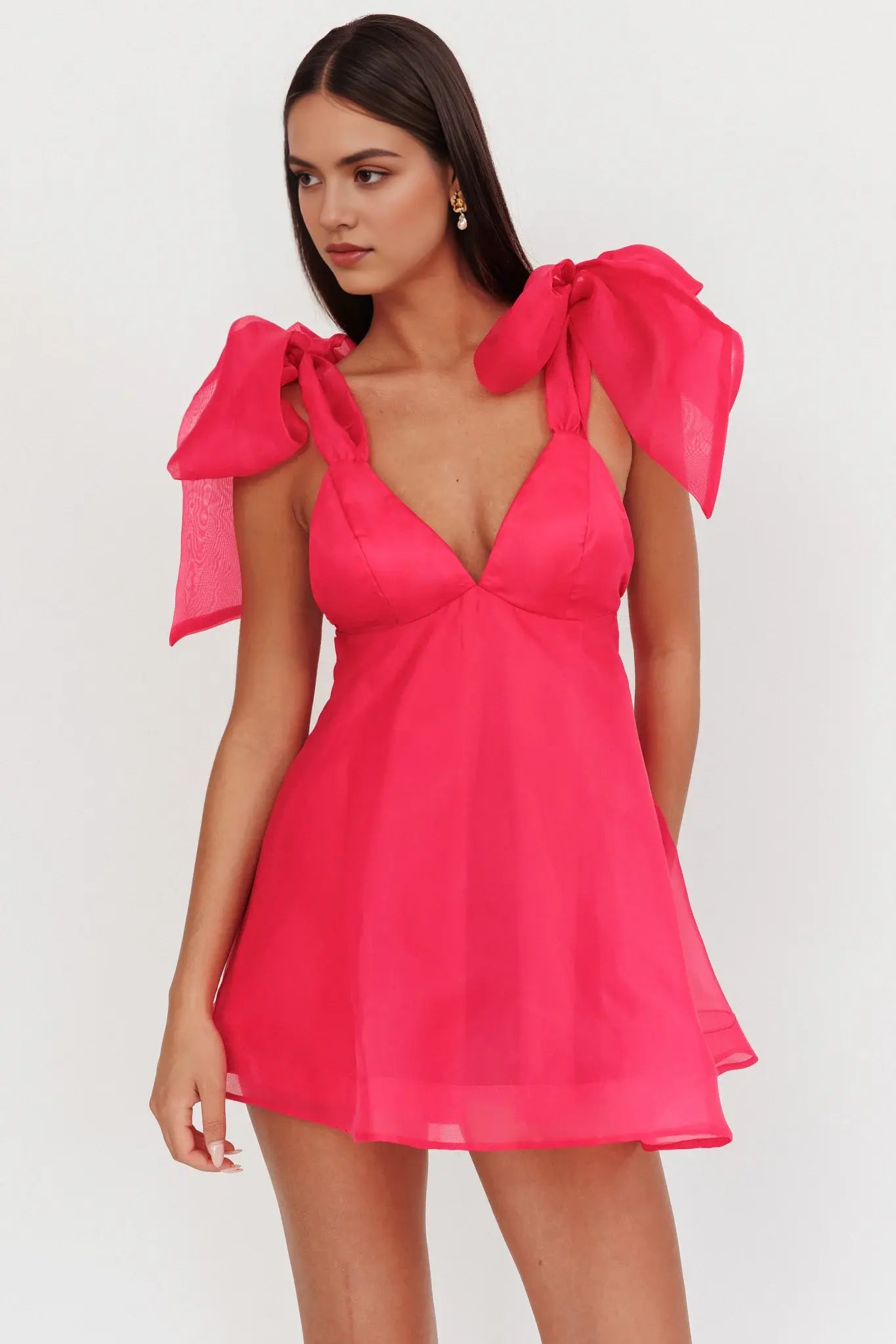 Sweet A Line Deep V Neck Tied Shoulder Sleeveless Backless Fuchsia Cute Mini Dress Hot Sale Homecoming Dress