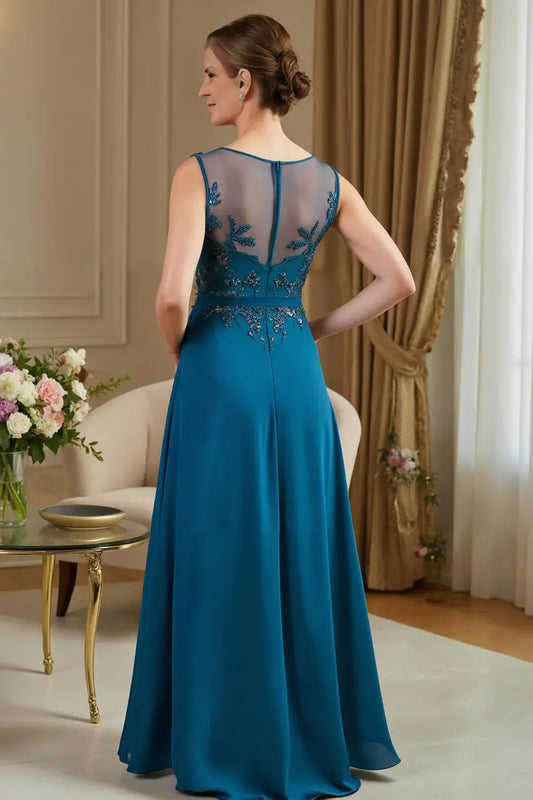 Elegant Peacock Blue A Line Boat Collar Sleeveless with Lace Appliques Ruched Hem Retro Long Wedding Guest Dress Hot Sale Mother of the Bride Dresses