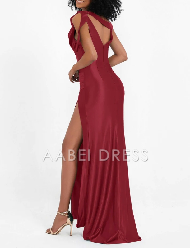 AABEI DRESS Charming Mermaid High Slit Pleated Satin Open Back Side Fork Long Sweep Train Unique Evening Dress