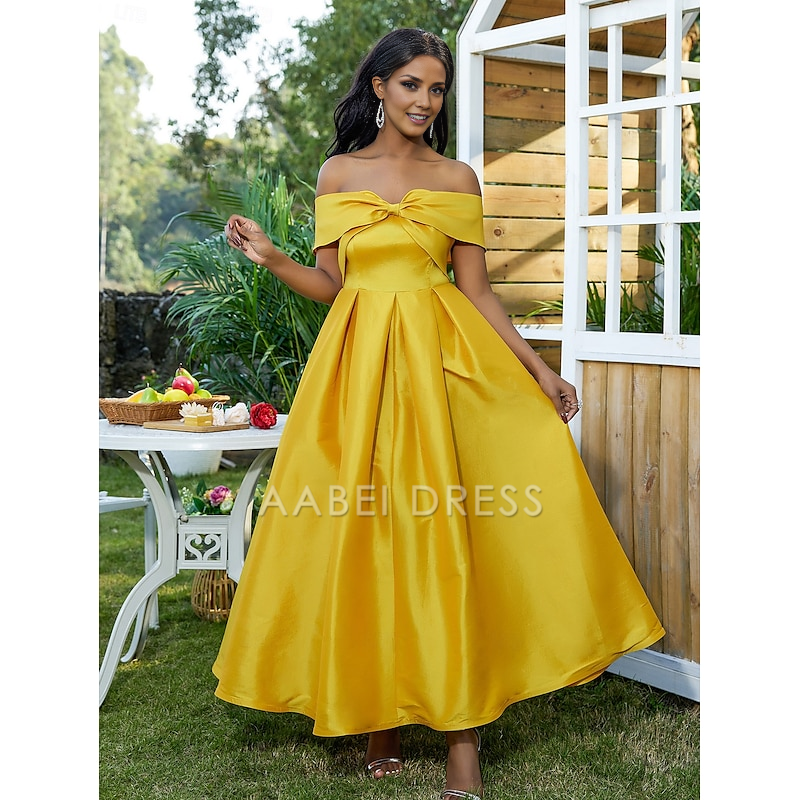AABEI DRESS Wedding Guest Dress Elegant A-Line Off Shoulder Sleeveless Floor Length Satin with Bow(s) Pleats Mother of the Bride Dress