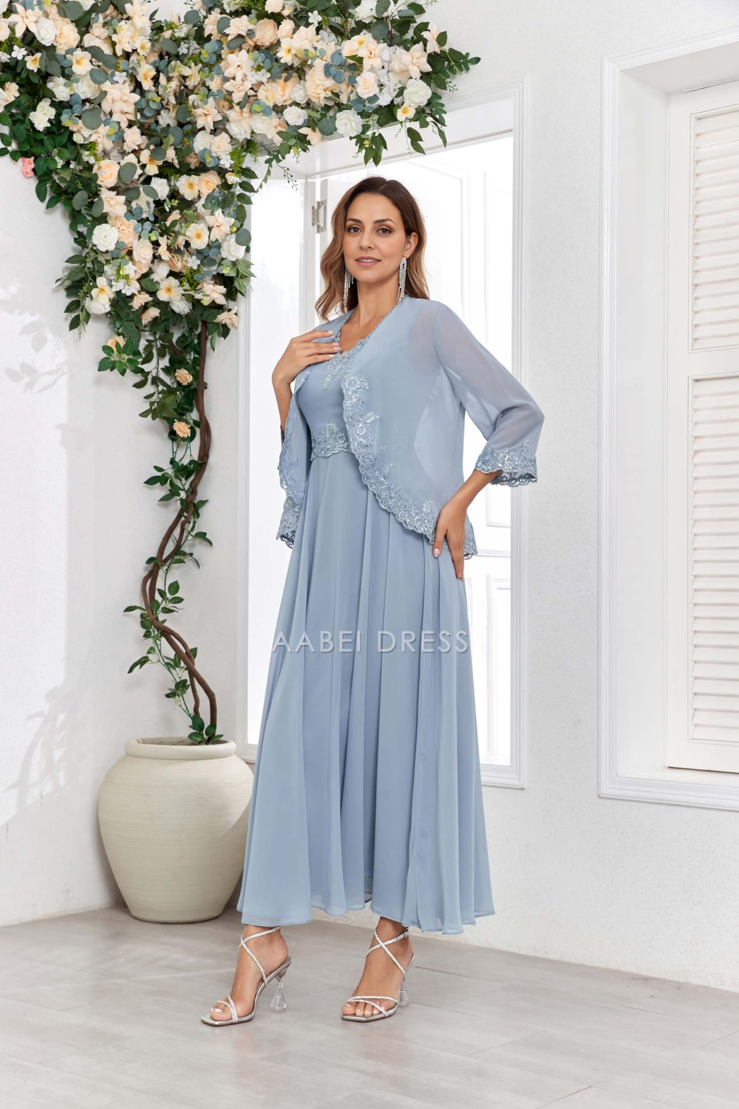 AABEI DRESS High Quality Mother of The Bride Dress 2 Pieces with Jacket Sequins Lace Chiffon Formal Dresses