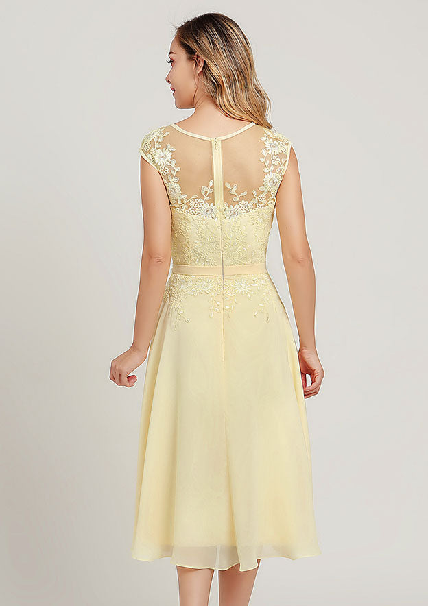 Elegant Wedding Guest Dresses Yellow Chiffon A-line Scoop Neck Sleeveless Lace Applique Sashes With Long Sleeves Jacket Two-Piece Tea-Length Bargain Mother of the Bride Dress