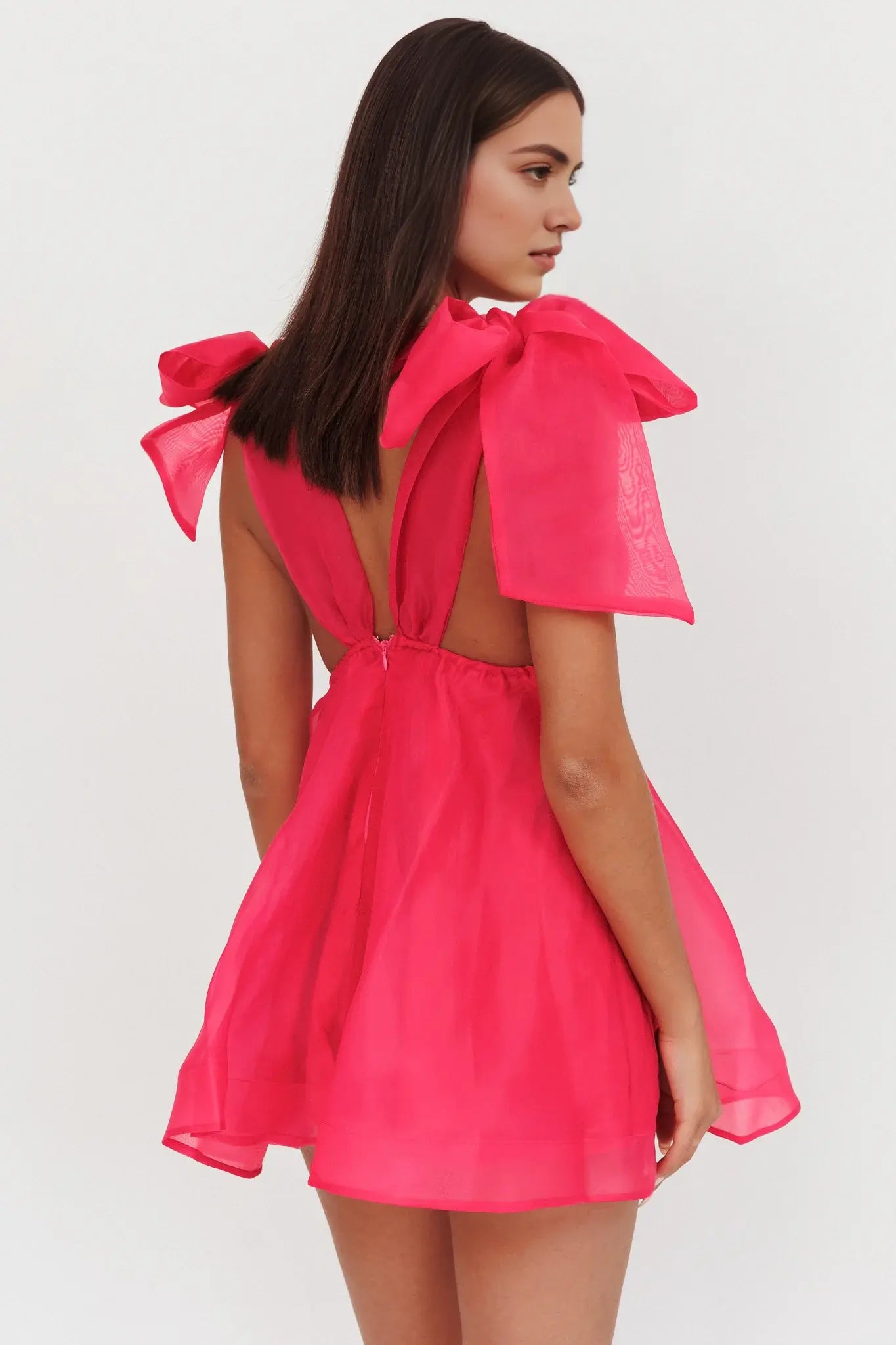 Sweet A Line Deep V Neck Tied Shoulder Sleeveless Backless Fuchsia Cute Mini Dress Hot Sale Homecoming Dress