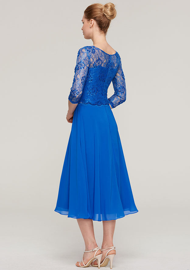 Vintage Elegant Wedding Guest Dresses Royal Blue Chiffon Lace A-line Bateau 3/4 Sleeve With Beading Ruched Tea-Length Bargain Mother of the Bride Dress