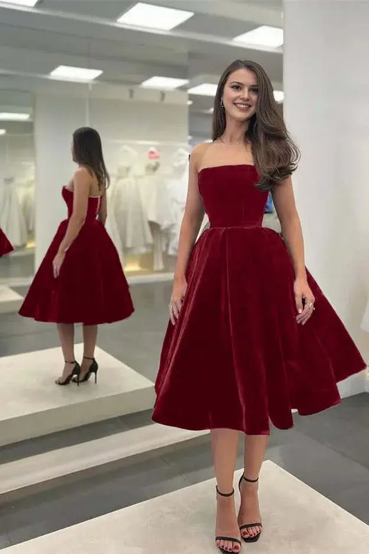 Elegant Formal Women's Dresses Simple Black A Lin Strapless Sleeveless Tea Length Ruched Hem Affordable Prom Dress