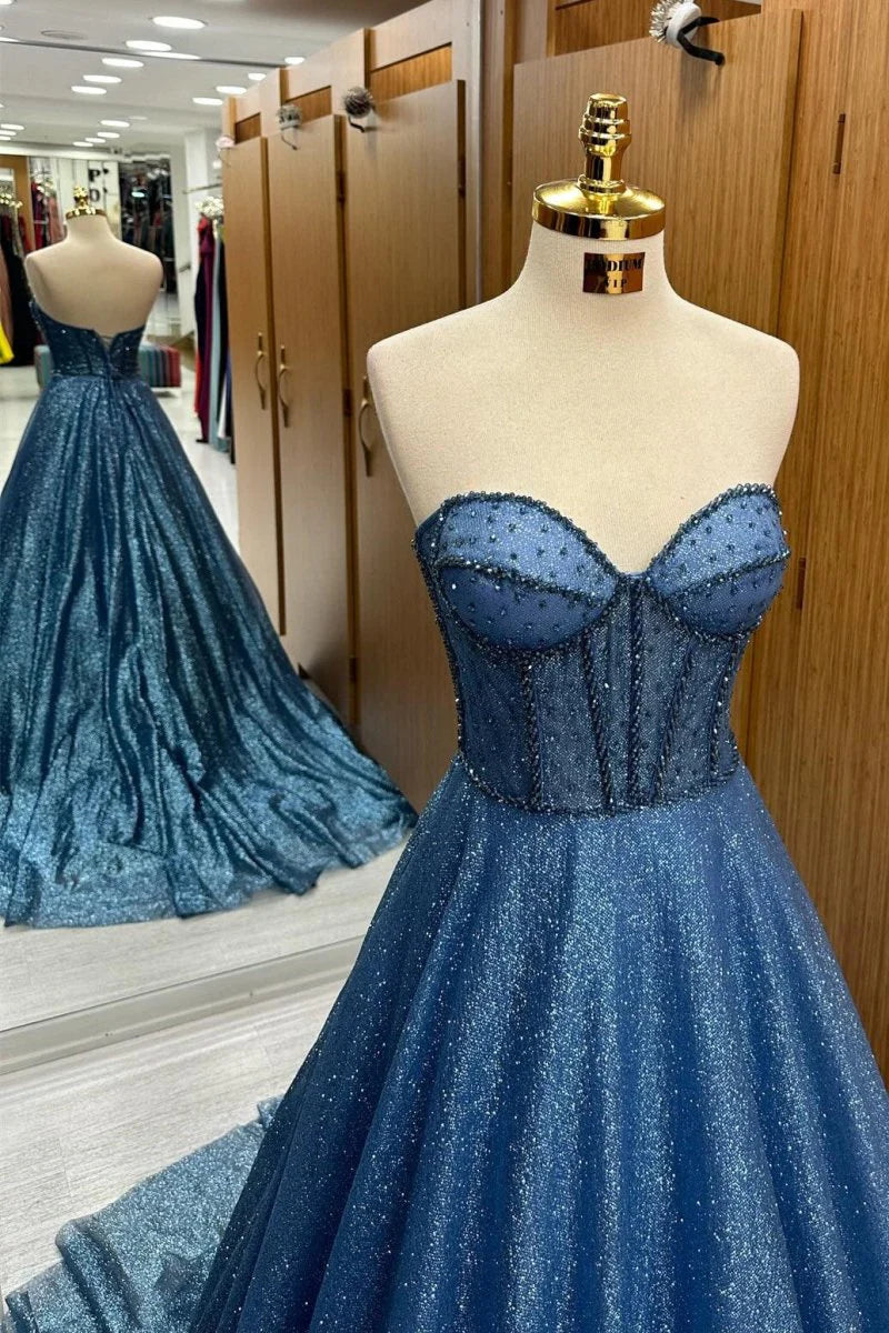 Navy Blue Sequin Sparkle A-Line Strapless Sweetheart Neckline Beaded Gorgeous Wedding Guest Dress Long Hot Sale Prom Dresses