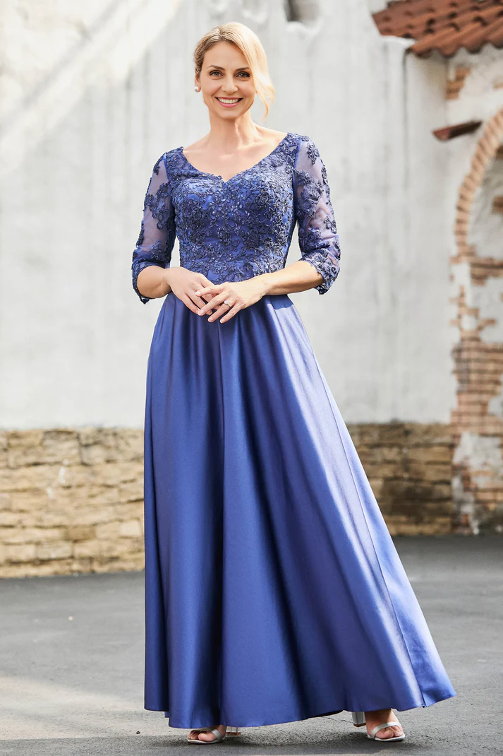 AABEI DRESS Mother of the Bride Dresses A-Line Satin V-neck Delicate Lace Applique Dress Elegant Formal Dress Wedding Guests Dresses