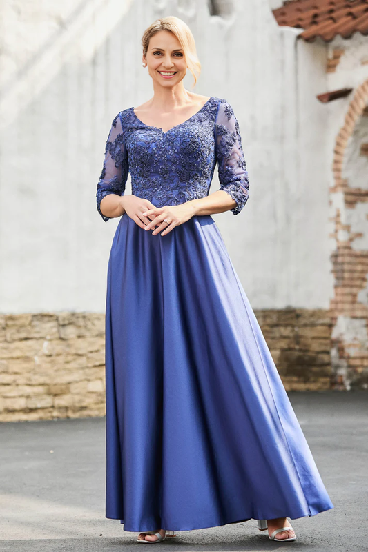 AABEI DRESS Mother of the Bride Dresses A-Line Satin V-neck Delicate Lace Applique Dress Elegant Formal Dress Wedding Guests Dresses
