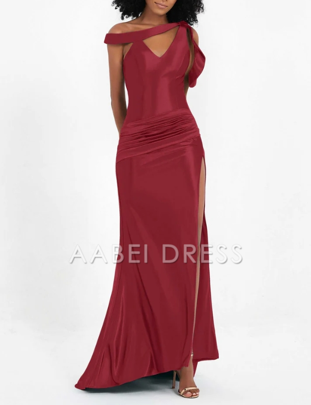 AABEI DRESS Charming Mermaid High Slit Pleated Satin Open Back Side Fork Long Sweep Train Unique Evening Dress
