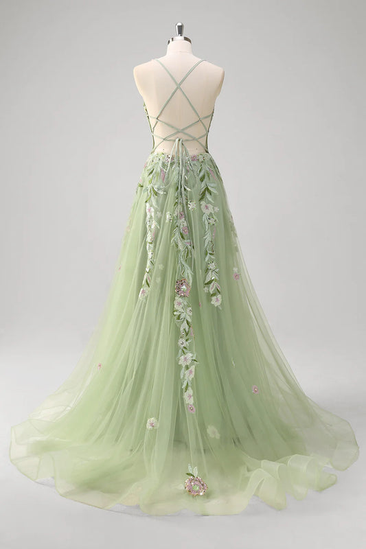 Green Floral Exquisite Party Dress A-Line Deep V Neck Sleeveless Applique Tulle Backless with Slit Romantic Long Hot Sale Prom Dresses