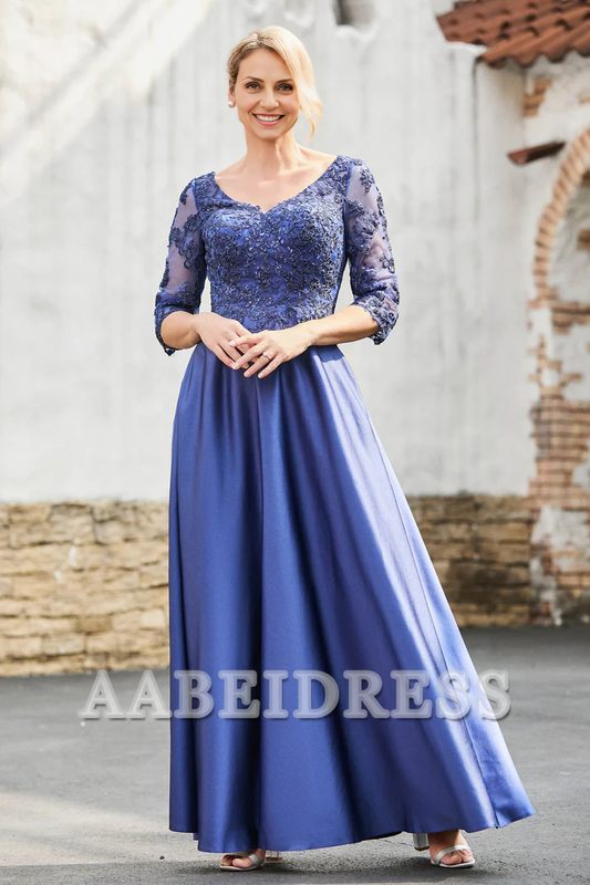 AABEI DRESS Mother of the Bride Dresses A-Line Satin V-neck Delicate Lace Applique Dress Elegant Formal Dress Wedding Guests Dresses