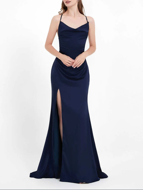 AABEI DRESS Charming Sheath Cowl neck Spaghetti Straps Backless Lace up Side Slit Dress Sweep Train Simple Evening Dress