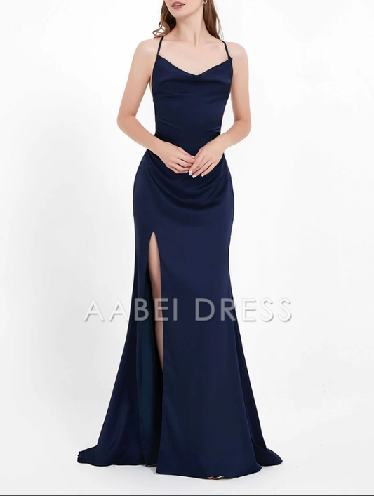 AABEI DRESS Charming Sheath Cowl neck Spaghetti Straps Backless Lace up Side Slit Dress Sweep Train Simple Evening Dress