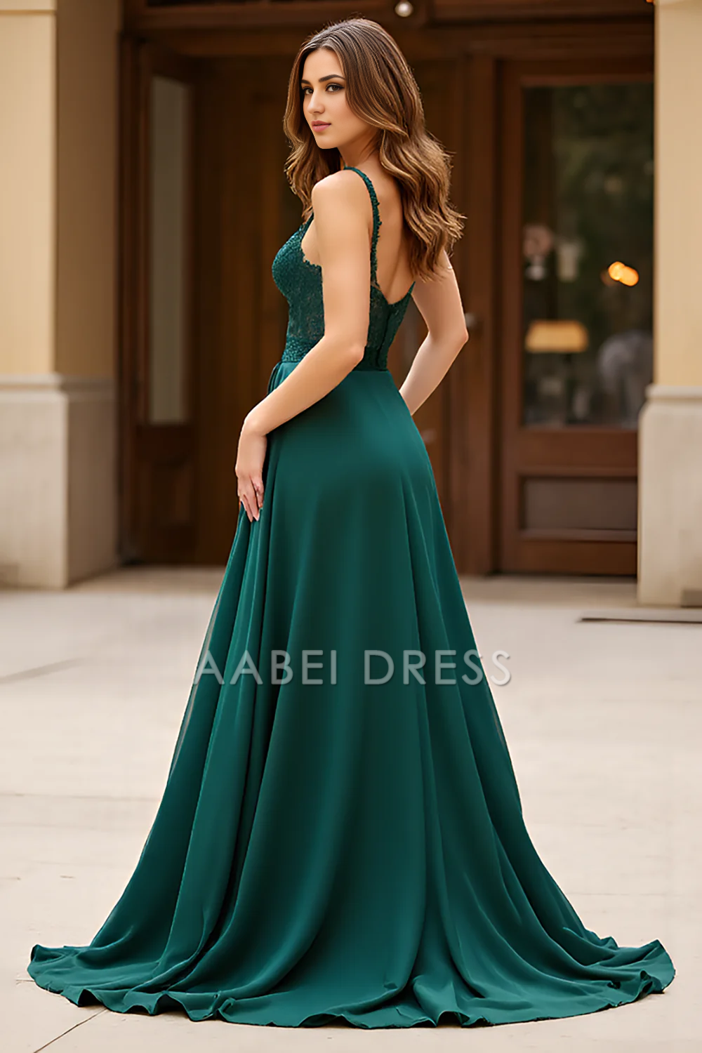 AABEI DRESS Hot Sale Prom Dress Elegant Lace V-Neck Spaghetti Strap Long With Slit Formal Dress