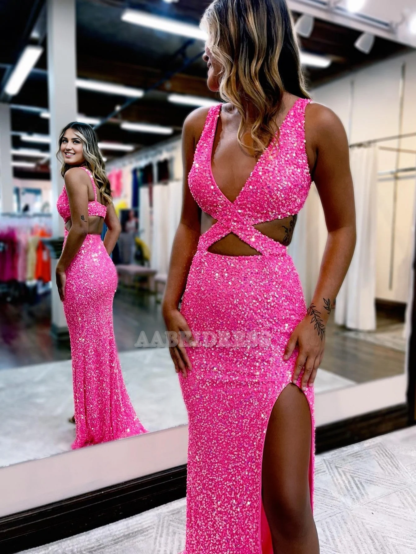 Evening Dress Deep V Neck Mermaid Sequins Prom Dress Side Fork Sexy Charming Formal Women's Dresses
