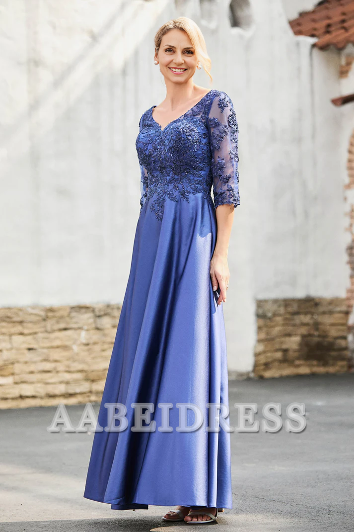 AABEI DRESS Mother of the Bride Dresses A-Line Satin V-neck Delicate Lace Applique Dress Elegant Formal Dress Wedding Guests Dresses