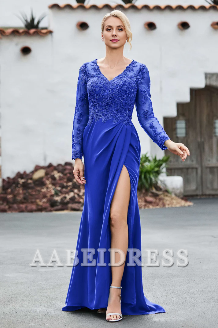 AABEI DRESS Mother of the Bride Dresses Lace V-neck Long Sleeves High Slit Elegant Dress Wedding Guests Dresses