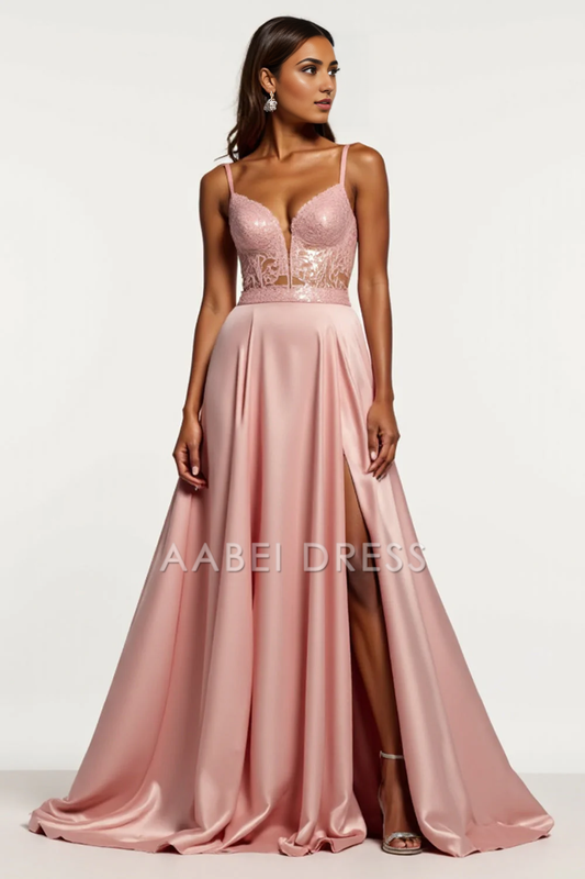 AABEI DRESS Hot Sale Prom Dress Charming A Line V-Neck Spaghetti Strap Corset Backless With Slit Long Formal Dress