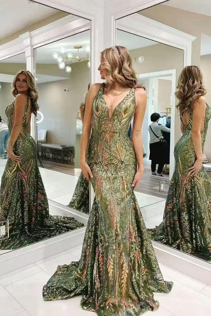 AABEI DRESS Prom Dress Charming Mermaid V Neck Backless Sequin Lace Long Sweep Formal Dress