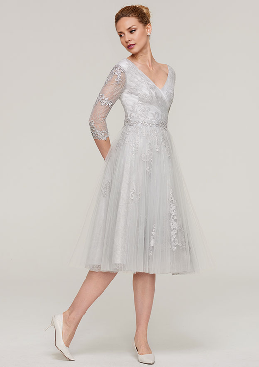Grey Satin Tulle Lace A-Line V-Neck Back Zip Tea-Length Dress