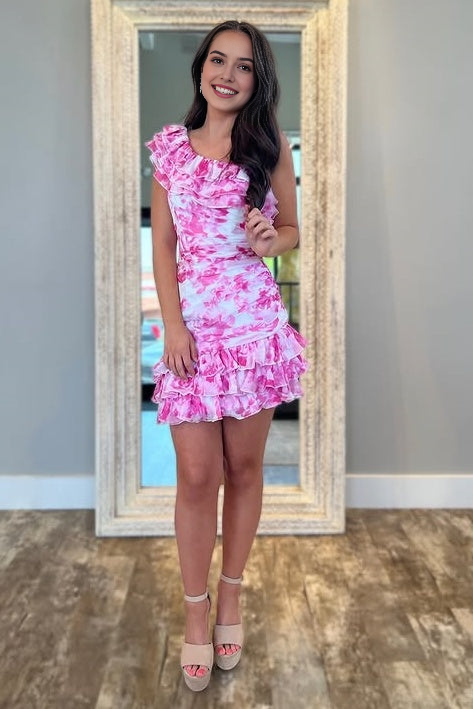 AABEI DRESS New Homecoming Dress Exquisite Sheath One Shoulder Ruffled Ruched Empire Floral Retro Short Prom Dresse