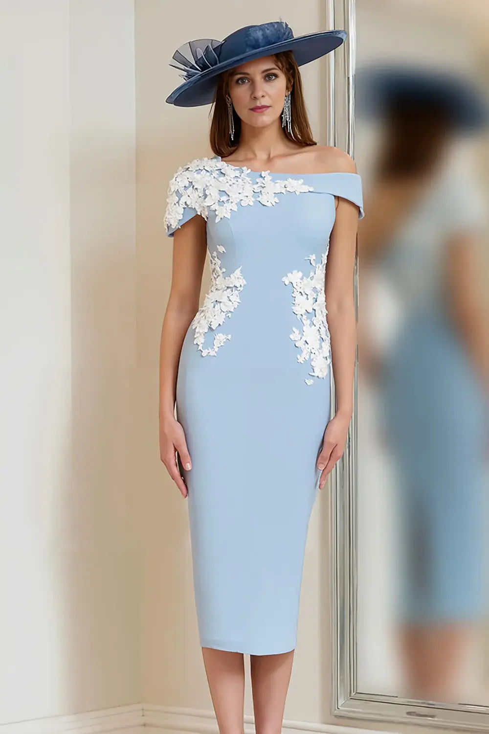 Light Blue Exquisite Bodycon One Shoulder Cap Sleeve Lace Applique with Slit Long Wedding Guest Dress For Women New Style Mother of the Bride Dress