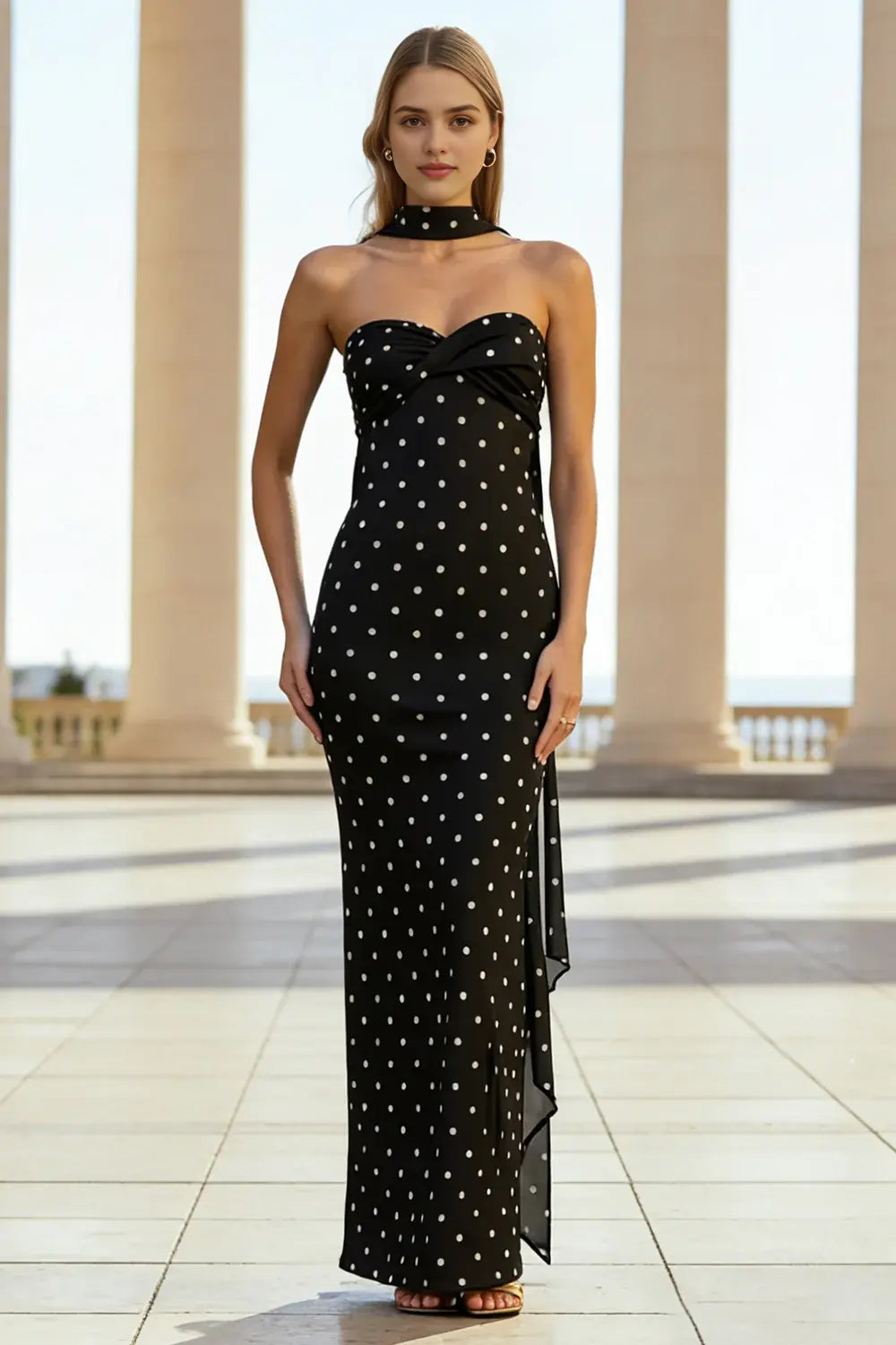 Fashion Prom Dress Black White Polka Dots Sheath Strapless Sweetheart –  Aabei Dress