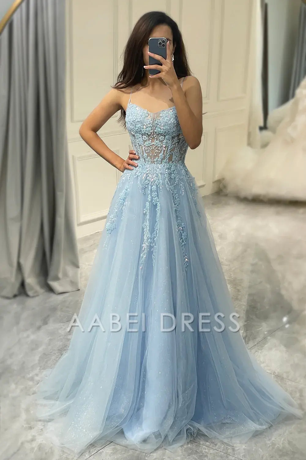 AABEI DRESS Prom Dress A Line Spaghetti Straps Tulle Long Appliques Fashion Charming Dress