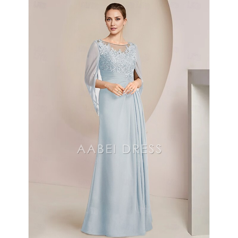 AABEI DRESS Wedding Guest Dress Elegant Sheath Jewel Neck Floor Length Chiffon Half Sleeve with Lace Side-Draped Mother of the Bride Dress