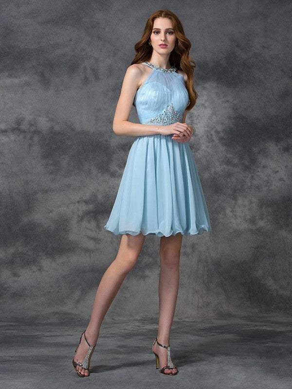 A-line/Princess Scoop Beading Sleeveless Short Chiffon Cocktail Dresses