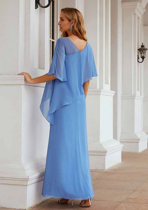 Minimalist Wedding Guest Dresses Blue Chiffon Sheath/Column Scoop Neck Batwing Sleeve Ruched Ankle-Length Bargain Mother of the Bride Dress