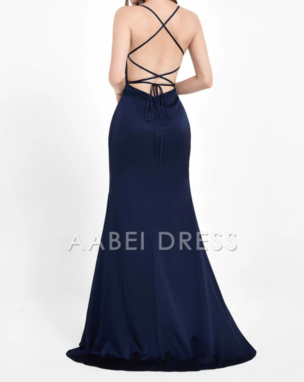 AABEI DRESS Charming Sheath Cowl neck Spaghetti Straps Backless Lace up Side Slit Dress Sweep Train Simple Evening Dress
