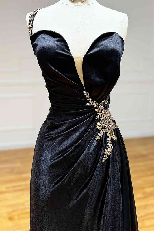 Black A Line Rhinestone One Shoulder Sweetheart Neckline Pleated Waist Elegant Wedding Guest Dress Long Hot Sale Prom Dresses