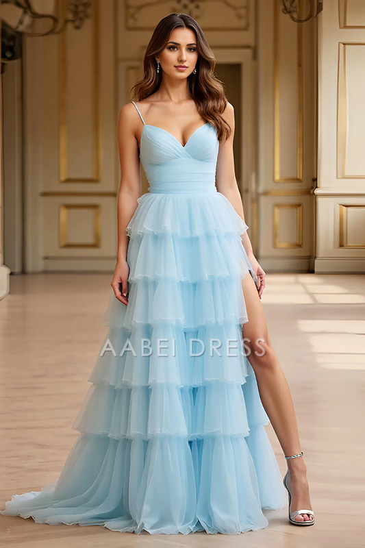 AABEI DRESS Hot Sale Prom Dress Romantic A Line Spaghetti Straps Sweetheart Backless Ruched Tiered Long With Slit Formal Dress