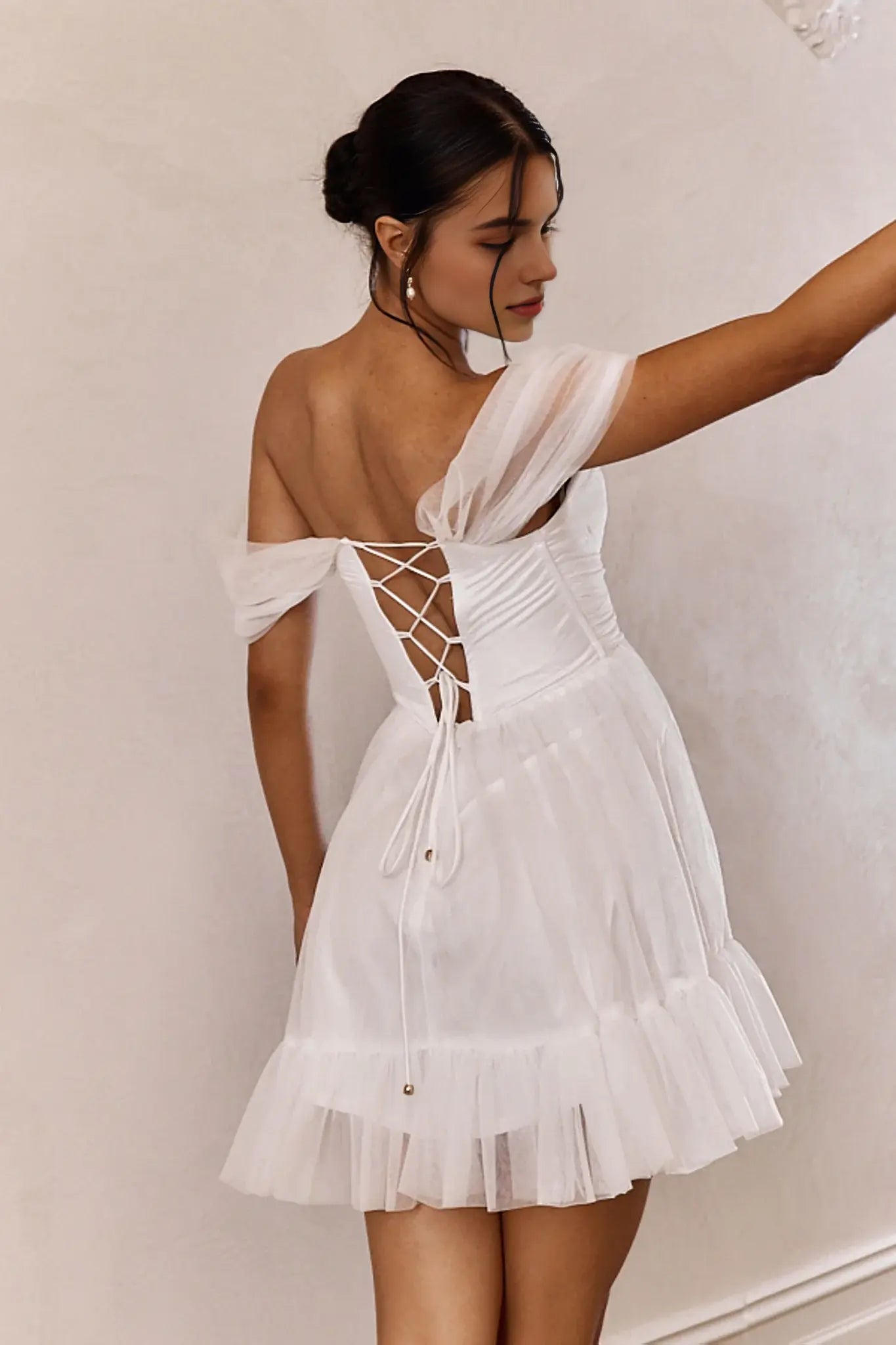 Elegant A Line Off-Shoulder V Neck Lace-Up Back Ruched White Cute Mini Dress Hot Sale Homecoming Dress