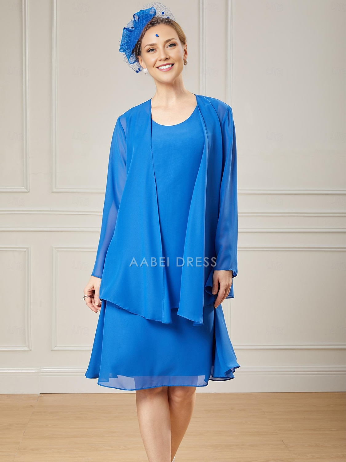 AABEI DRESS Wedding Guest Dress Elegant A-Line Jewel Neck Sleeveless Two Piece Beach Knee Length Ruffles Solid Color Mother of the Bride Dress