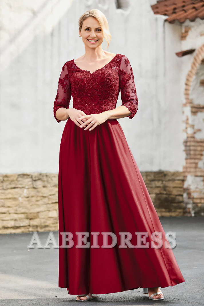 AABEI DRESS Mother of the Bride Dresses A-Line Satin V-neck Delicate Lace Applique Dress Elegant Formal Dress Wedding Guests Dresses