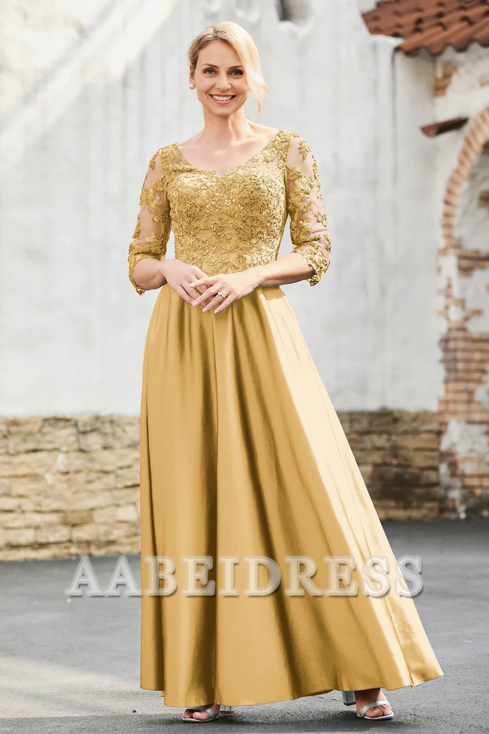 AABEI DRESS Mother of the Bride Dresses A-Line Satin V-neck Delicate Lace Applique Dress Elegant Formal Dress Wedding Guests Dresses