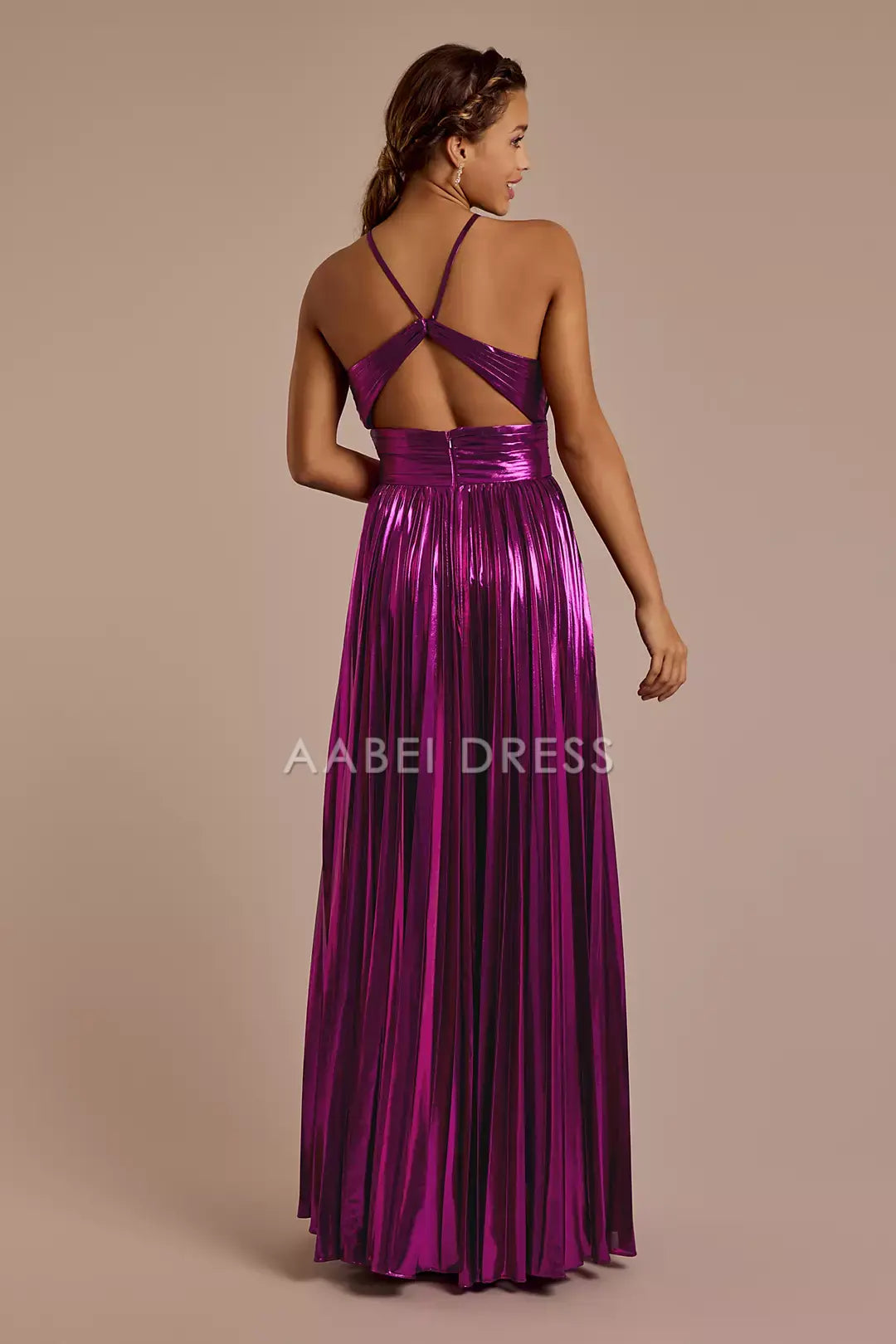 AABEI DRESS Prom Dress Cute A Line Straps Metallic Pleat Satin Long with Slit High Quality Formal Dress