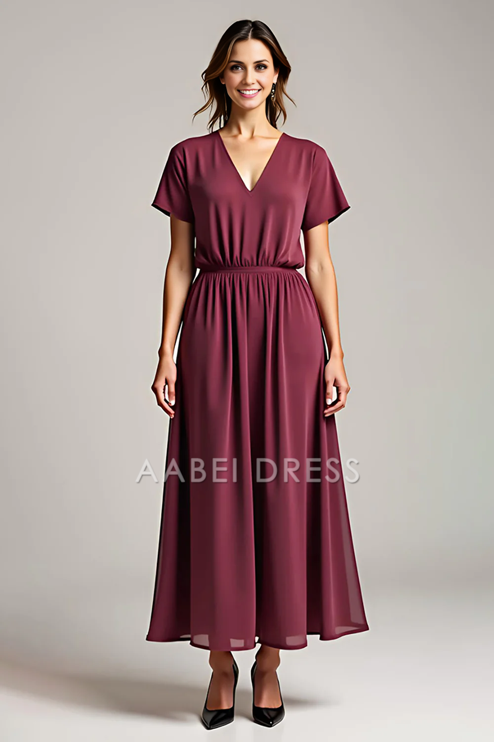 AABEI DRESS Mother Of The Bride Dress Chiffon A Line V Neck Short Sleeve Simple Long Formal Wear Dresse