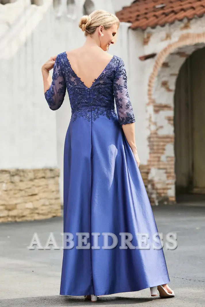 AABEI DRESS Mother of the Bride Dresses A-Line Satin V-neck Delicate Lace Applique Dress Elegant Formal Dress Wedding Guests Dresses