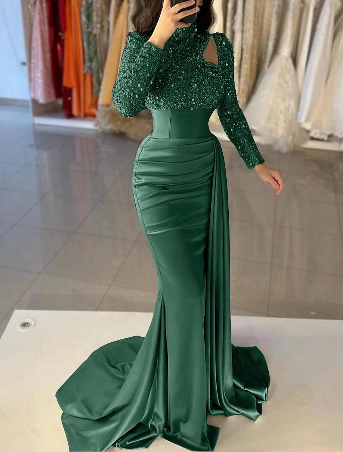 Mermaid Gown Elegant Formal Train Long Sleeve High Neck Satin with Pearls Sequin Evening Dress