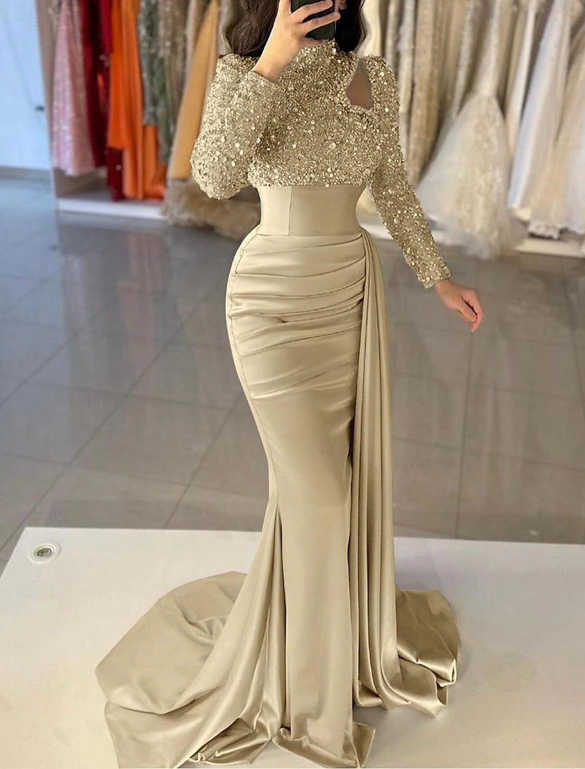 Mermaid Gown Elegant Formal Train Long Sleeve High Neck Satin with Pearls Sequin Evening Dress