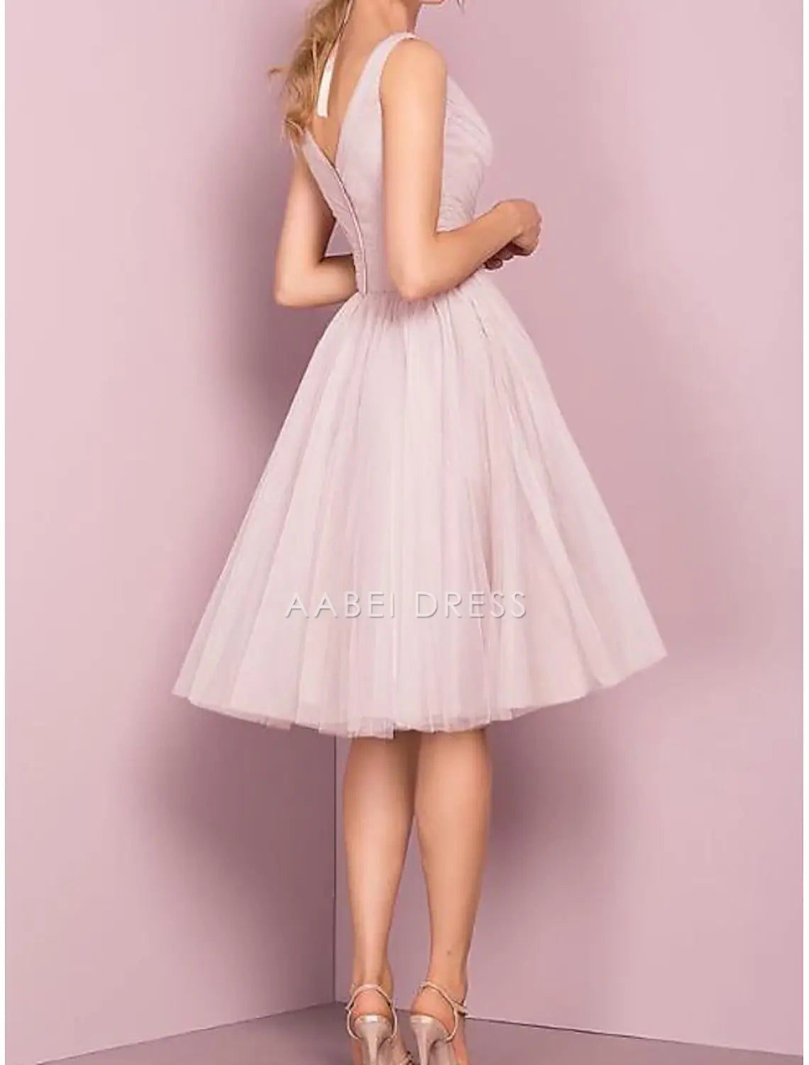 AABEI DRESS New Homecoming Dress A-Line V Neck Cocktail Dresses Graduation Knee Length Sleeveless Tulle with Pleats Elegant Short Prom Dresse