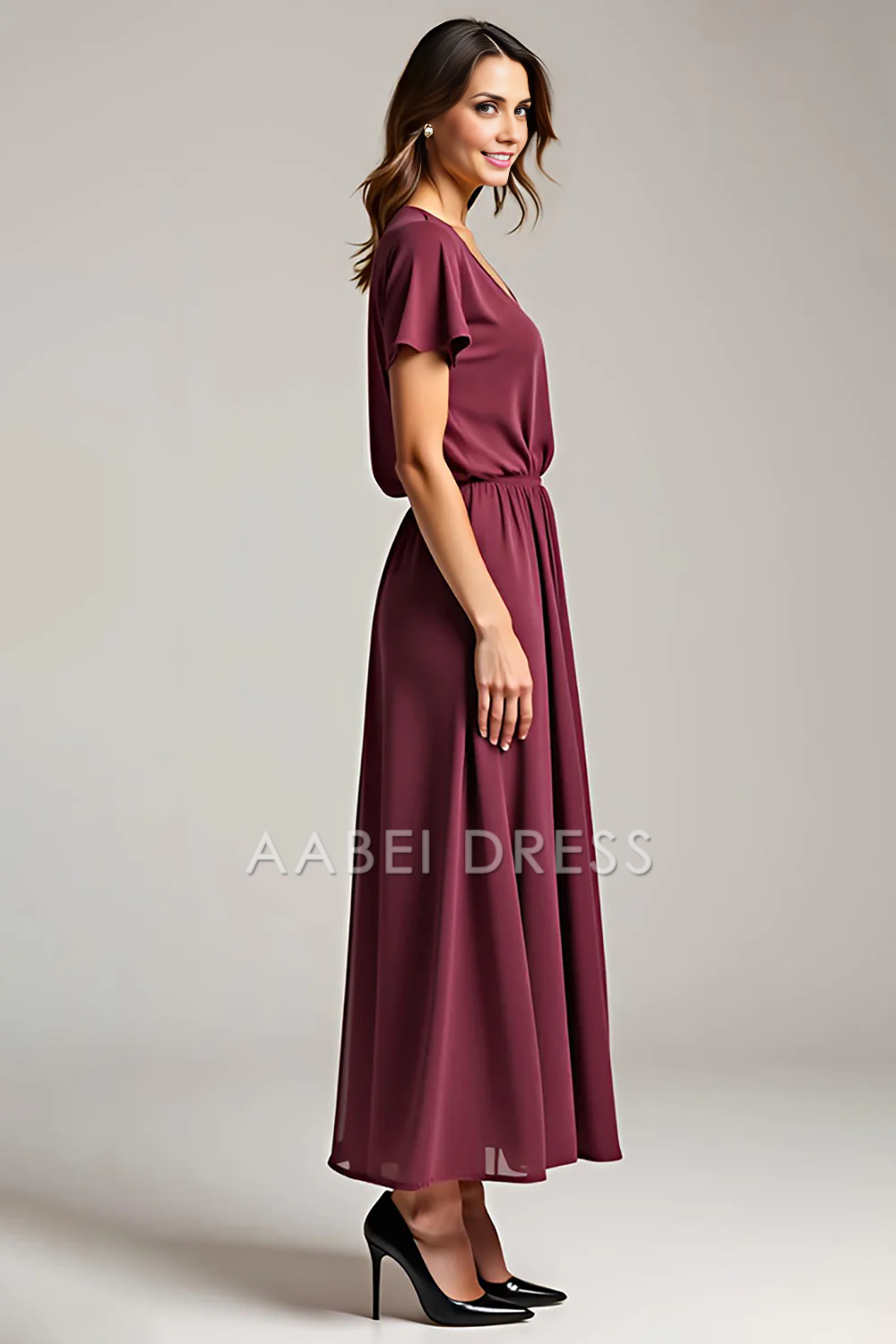 AABEI DRESS Mother Of The Bride Dress Chiffon A Line V Neck Short Sleeve Simple Long Formal Wear Dresse