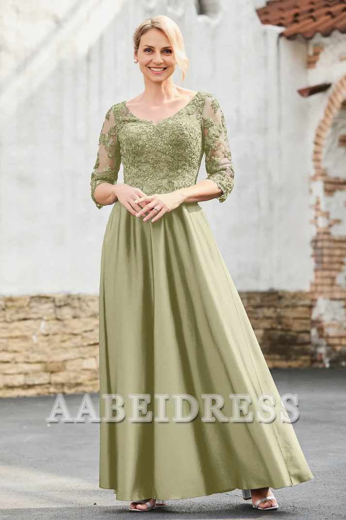 AABEI DRESS Mother of the Bride Dresses A-Line Satin V-neck Delicate Lace Applique Dress Elegant Formal Dress Wedding Guests Dresses