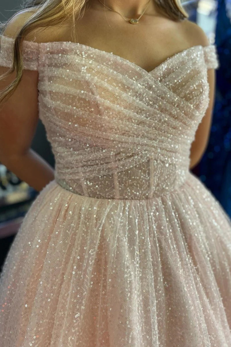 Sparkly Blush A Line Off-the-Shoulder V Neck Pleated Surplice Sparkle Sweet Wedding Guest Dress Long Hot Sale Prom Dresses