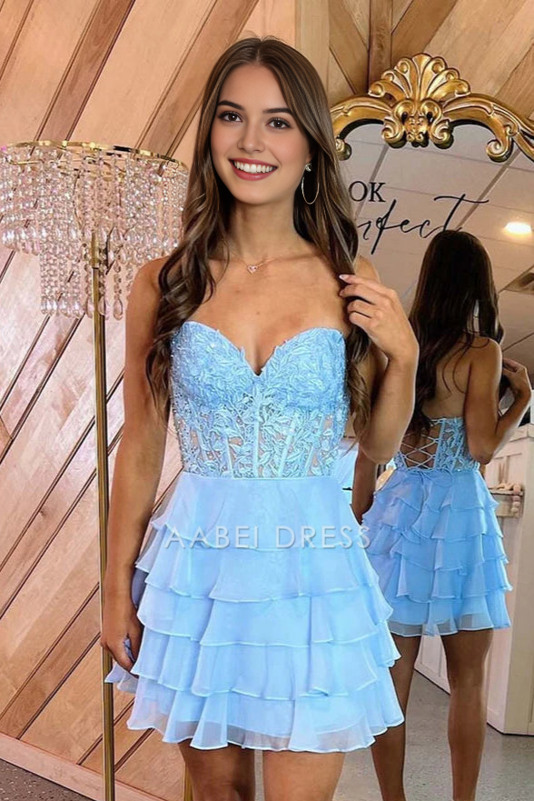 AABEI DRESS New Homecoming Dress A-Line Strapless Sweetheart Sheer Corset Lace Applique Ruffle Layered Cute Short Prom Dresse