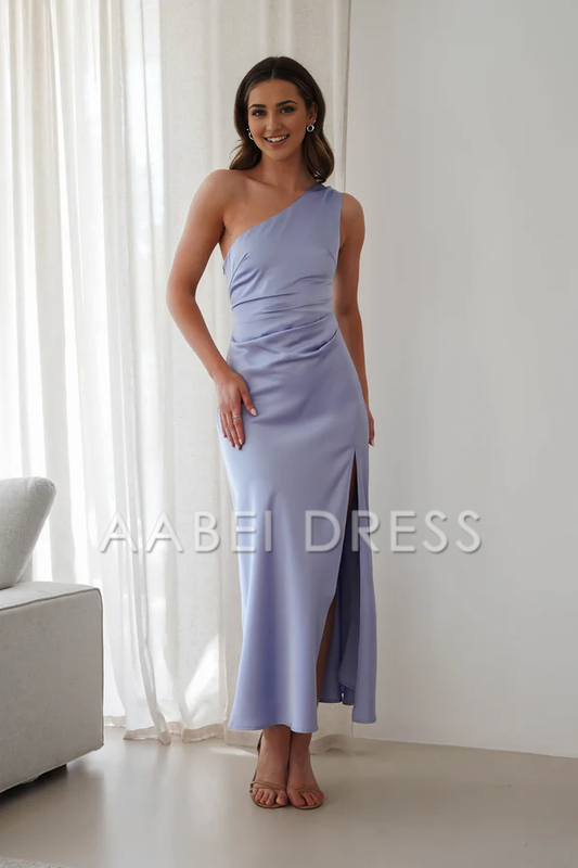 AABEI DRESS Prom Dress Satin One-Shoulder Ruched Waist Side Fork Simple Exquisite Dress