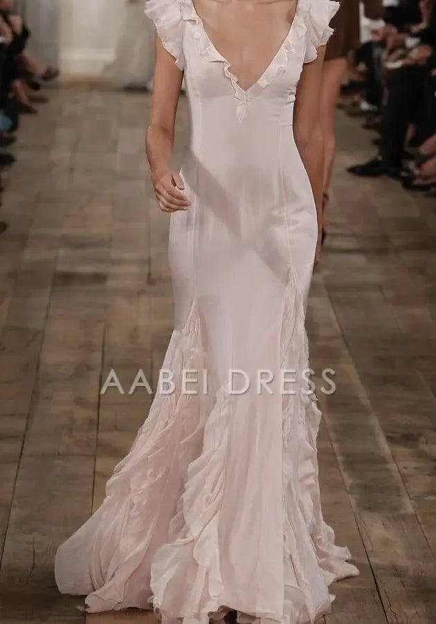 AABEI DRESS Prom Dress Mermaid V Neck Ruffle Long Elegant Fashion Dress